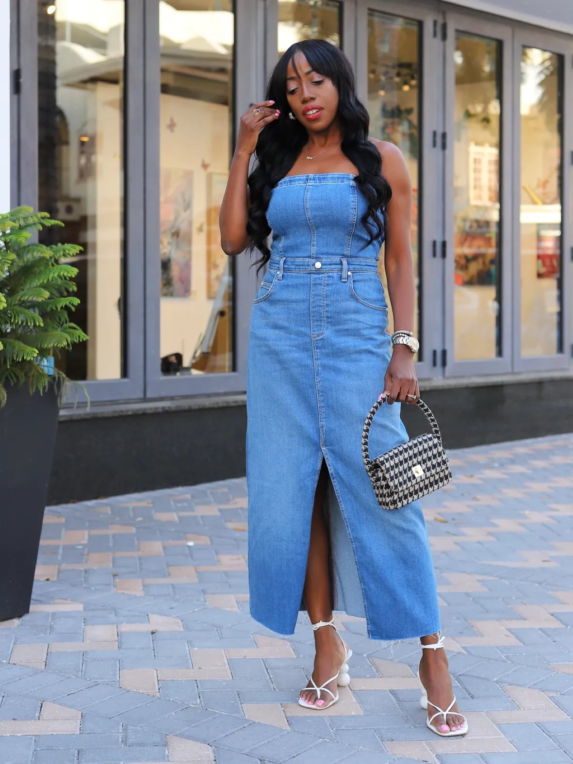 Medium Blue Maxi Dress with High Slit and Strappy Sandals — Denim Dress Outfits
