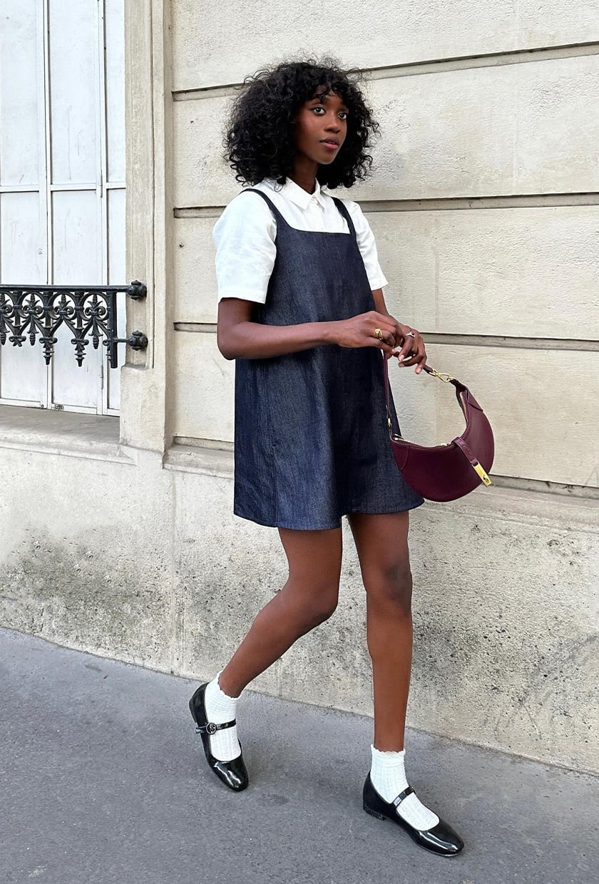 Dark Wash Pinafore Mini Dress Over Collared Shirt with Mary Janes — Denim Dress Outfits