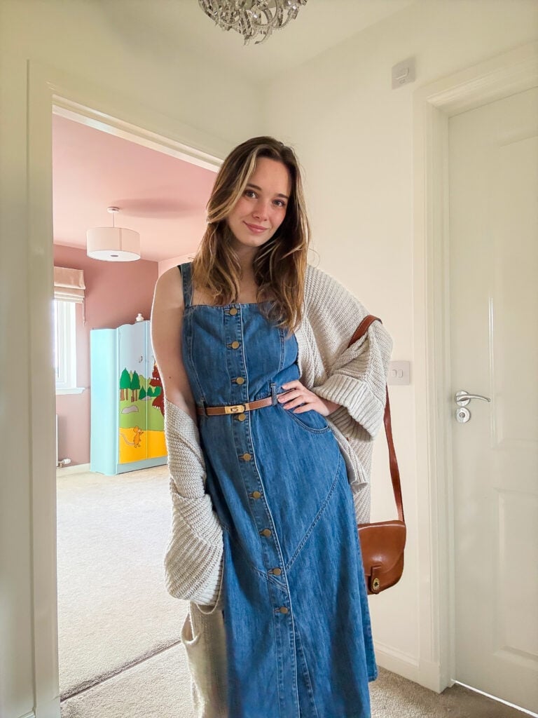 Blue Button-Front Midi Dress with Cardigan and Belt — Denim Dress Outfits