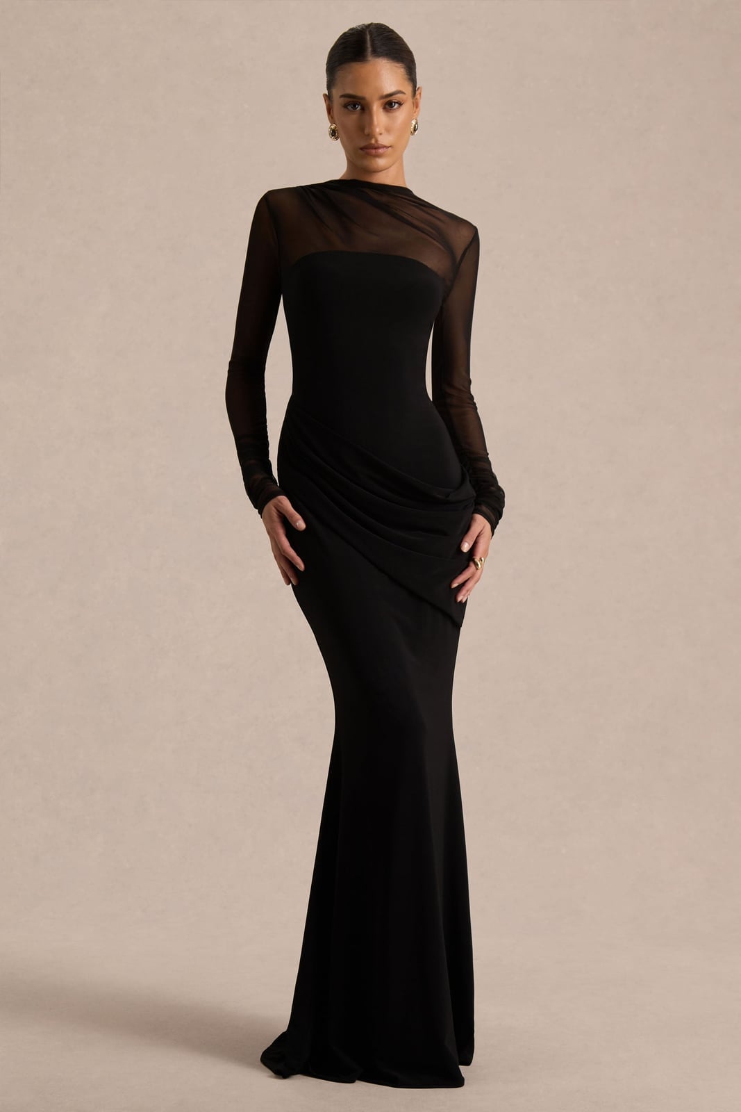 Black Long-Sleeved Gown with Draped Bodice Black Long-Sleeved Gown with Draped Bodice — Dinner Dress