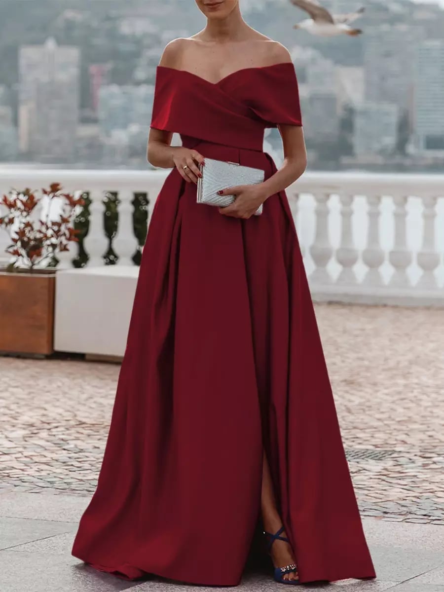 Maroon Off-The-Shoulder Ballgown Dress with Thigh-High Slit Maroon Off-The-Shoulder Ballgown Dress with Thigh-High Slit — Dinner Dress