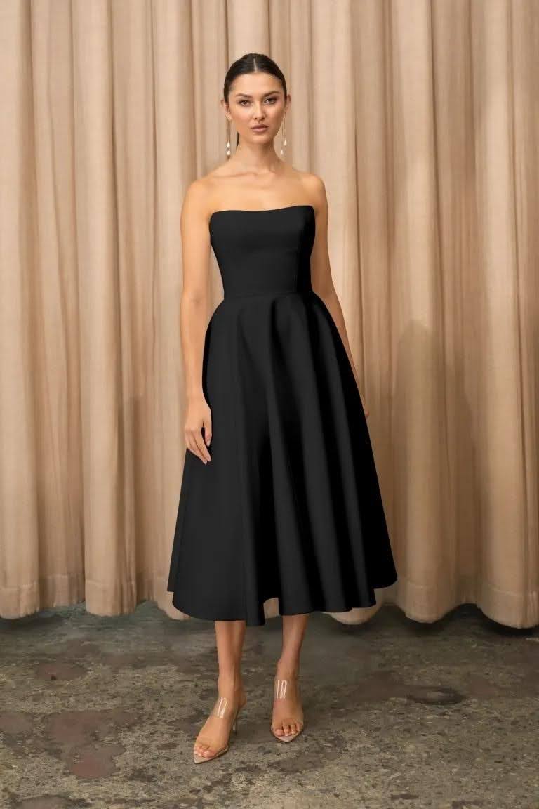 Black Strapless Fit-And-Flare Midi Dress Black Strapless Fit-And-Flare Midi Dress — Dinner Dress