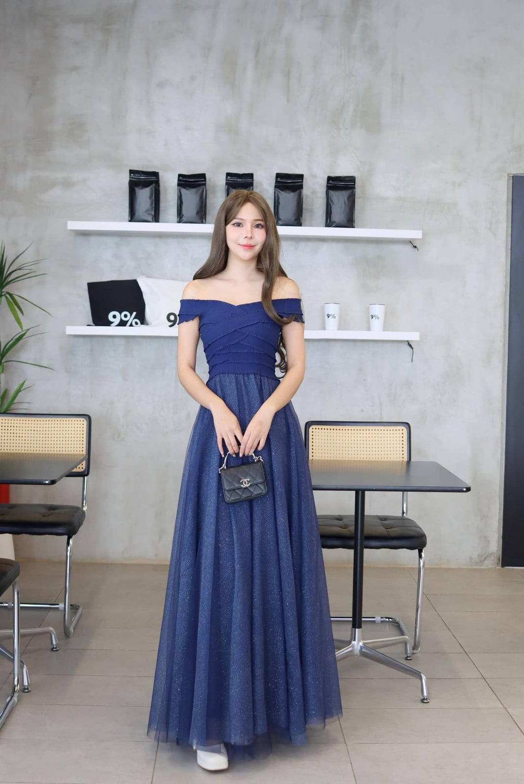 Dark Blue Off-The-Shoulder Dress with Sparkly Skirt Dark Blue Off-The-Shoulder Dress with Sparkly Skirt — Dinner Dress