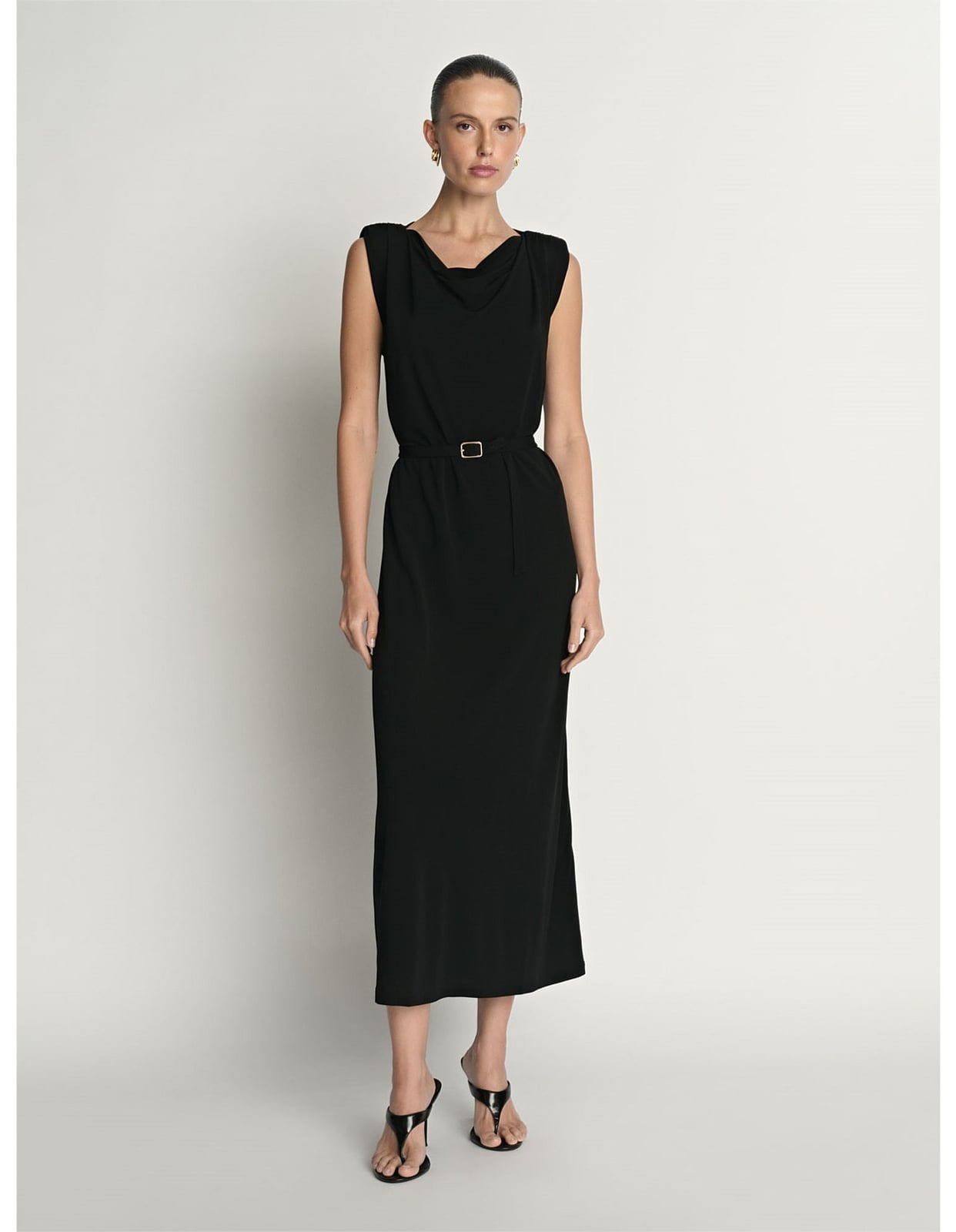 Black Midi Dress with Cowl Neckline and Belt Black Midi Dress with Cowl Neckline and Belt — Dinner Dress