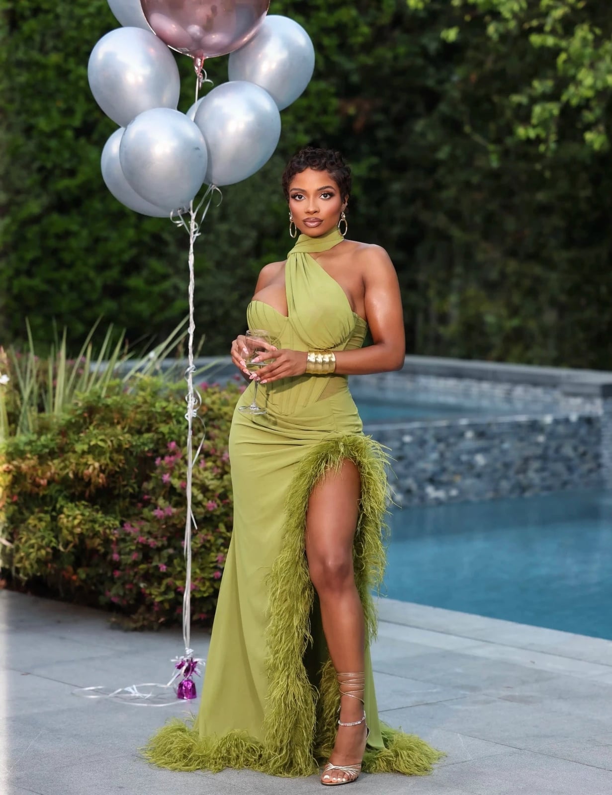 Lime Green One-Shoulder Gown with Feather Trim Lime Green One-Shoulder Gown with Feather Trim — Dinner Dress