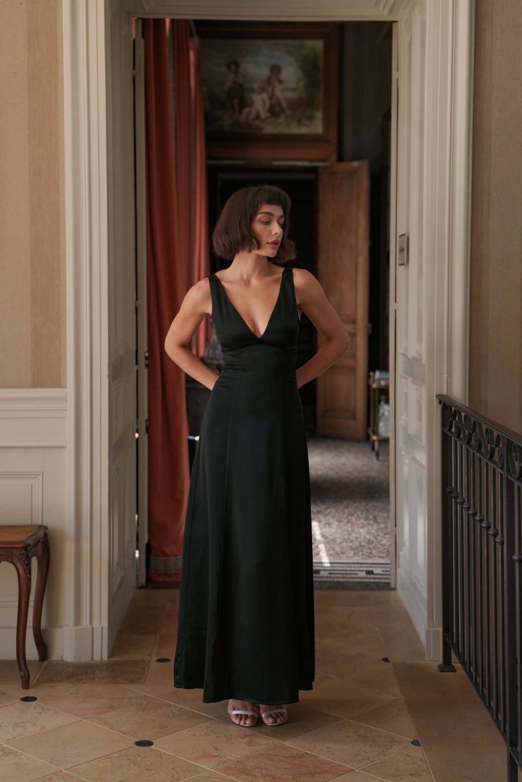 Black Satin A-Line Dress with Deep V-Neck Black Satin A-Line Dress with Deep V-Neck — Dinner Dress