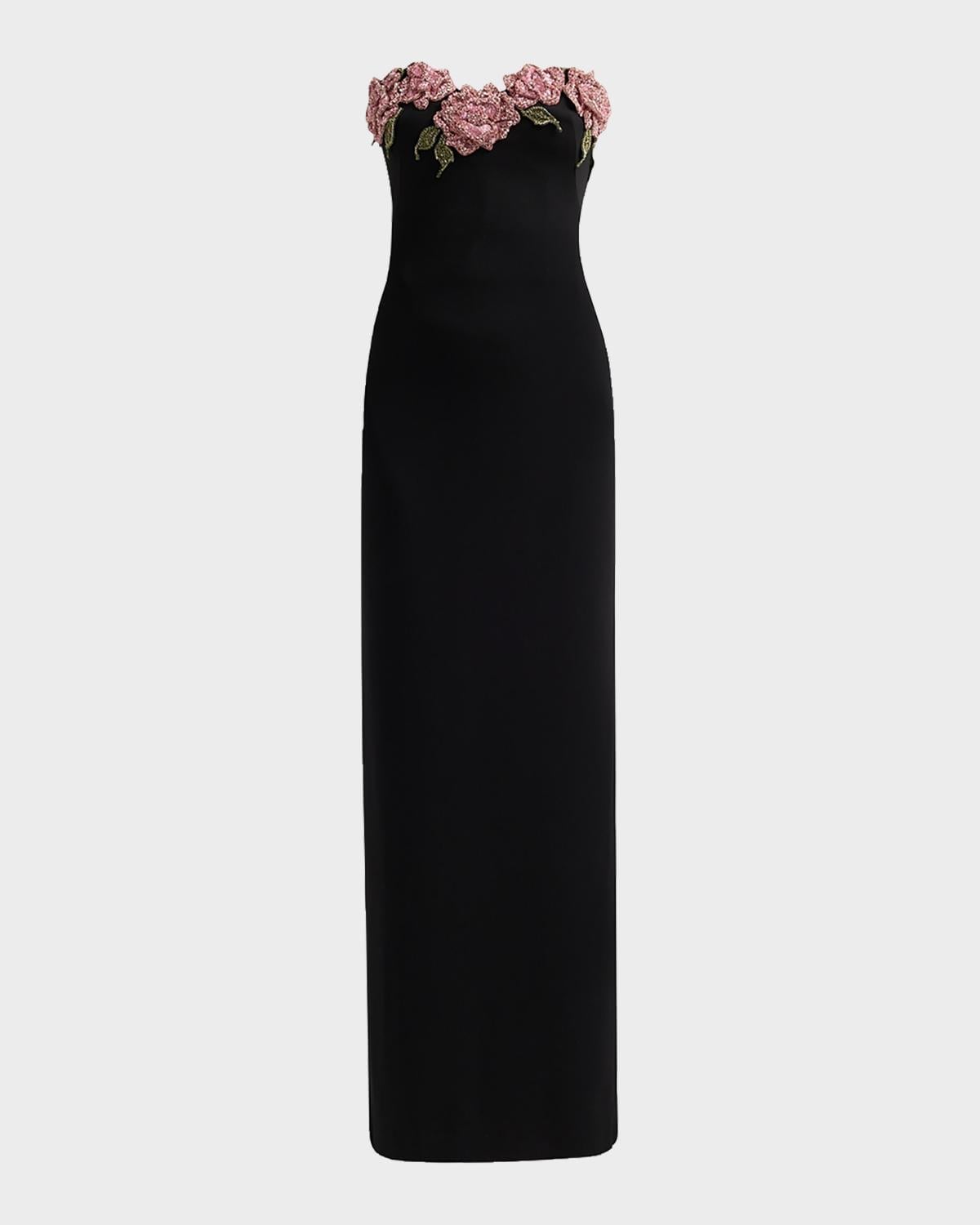 Black Strapless Column Maxi Dress with Floral Applique Black Strapless Column Maxi Dress with Floral Applique — Dinner Dress