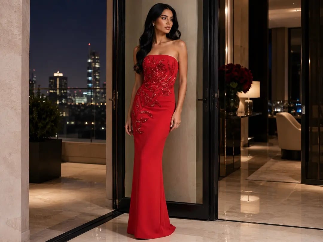 Vibrant Red Strapless Mermaid Gown with Beading Vibrant Red Strapless Mermaid Gown with Beading — Dinner Dress