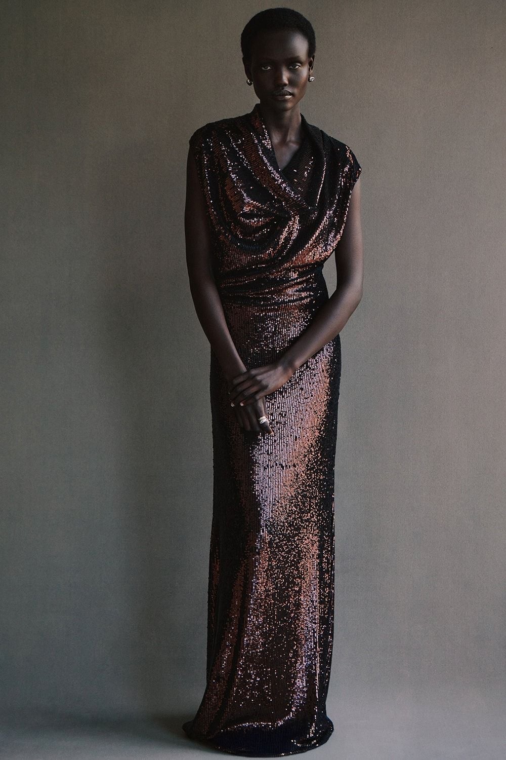 Bronze and Black Sequined Column Maxi Dress Bronze and Black Sequined Column Maxi Dress — Dinner Dress