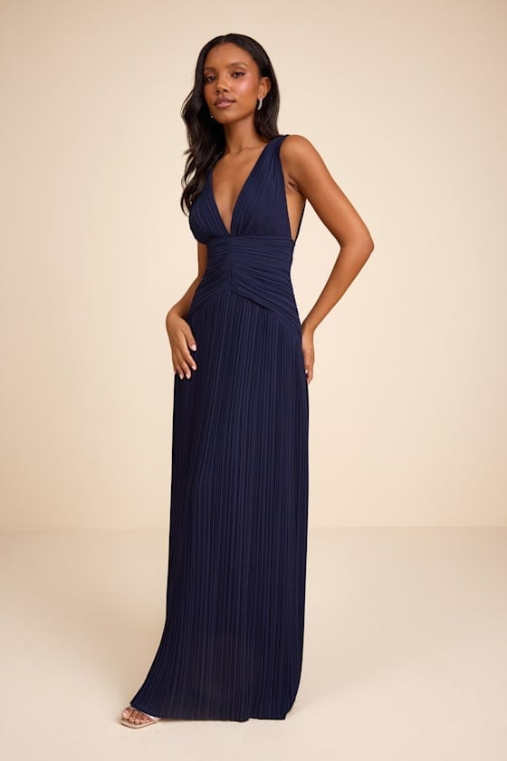 Navy Blue Pleated A-Line Maxi Dress Navy Blue Pleated A-Line Maxi Dress — Dinner Dress