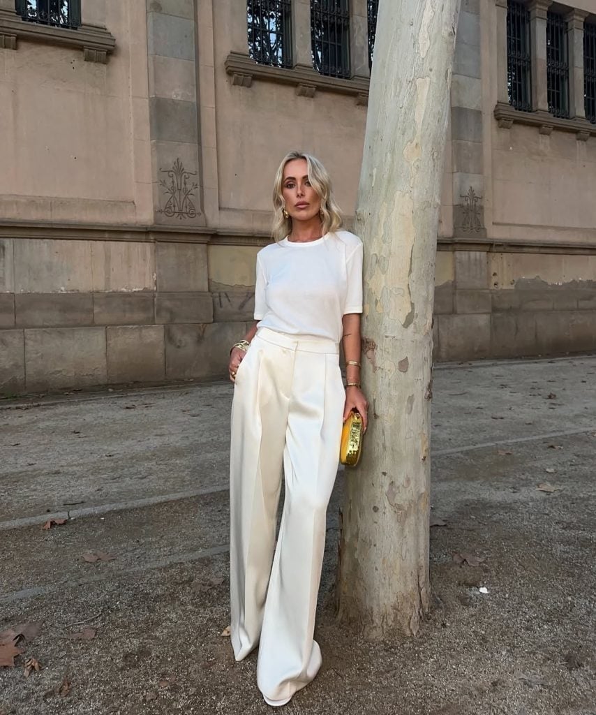 Elegant Ivory Satin Trousers with a White Tee Elegant Ivory Satin Trousers with a White Tee — Dinner Outfits