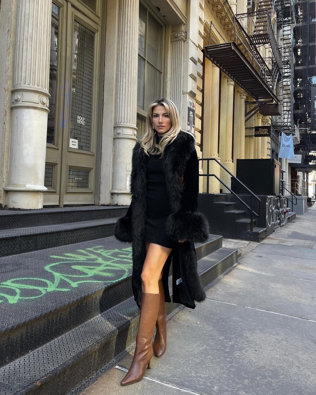 Black Mini Dress with Faux Fur Coat Black Mini Dress with Faux Fur Coat — Dinner Outfits