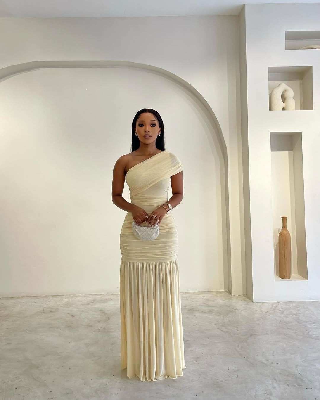Cream One-Shoulder Ruched Maxi Dress Cream One-Shoulder Ruched Maxi Dress — Dinner Outfits