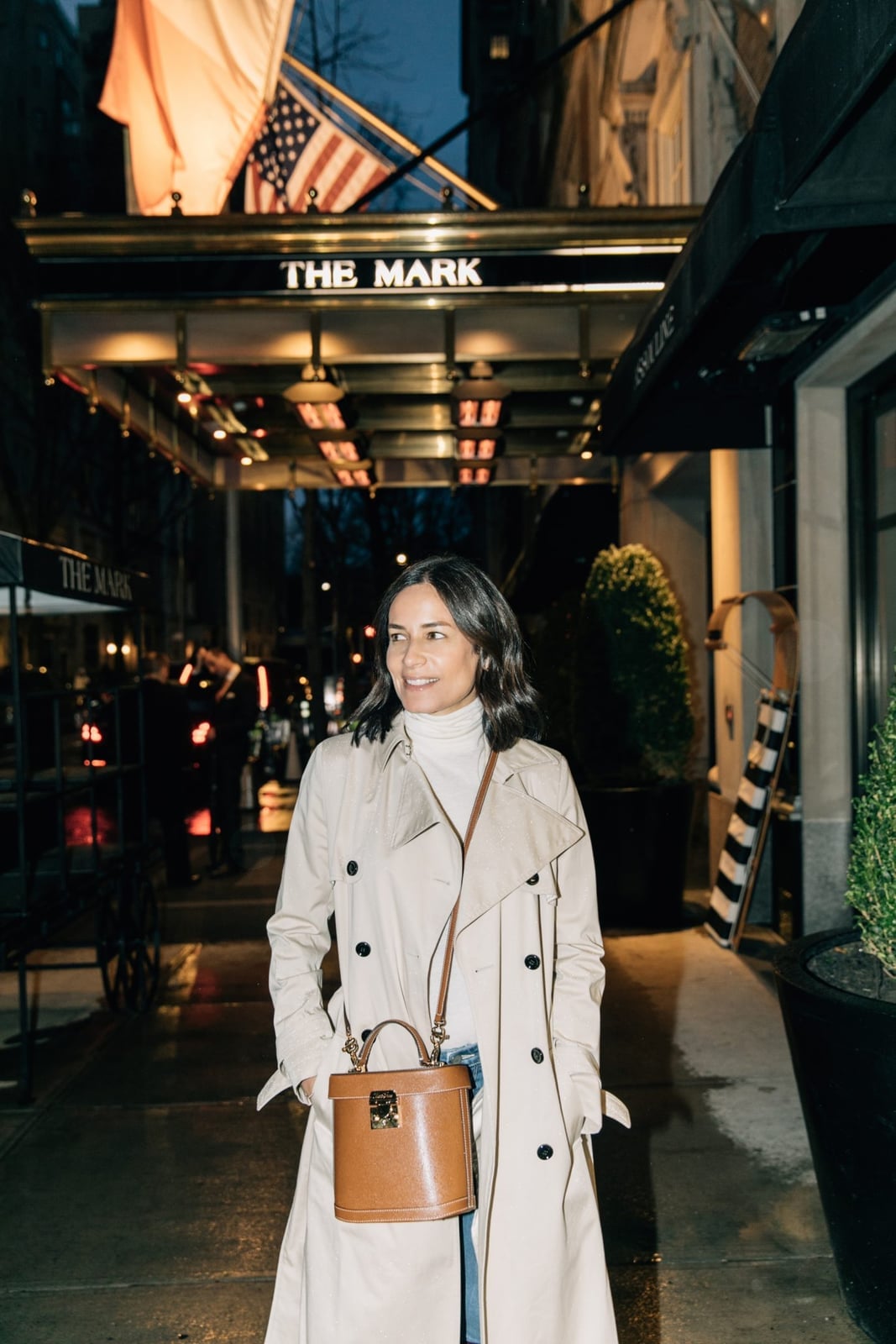 Beige Trench Coat Over White Turtleneck Beige Trench Coat Over White Turtleneck — Dinner Outfits