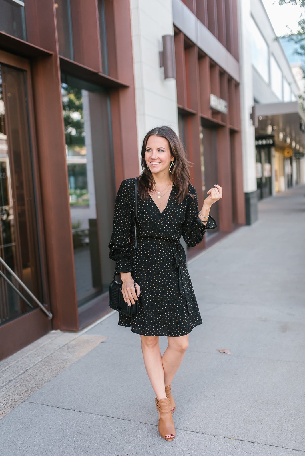 Black Wrap Dress with Gold Polka Dots Black Wrap Dress with Gold Polka Dots — Dinner Outfits