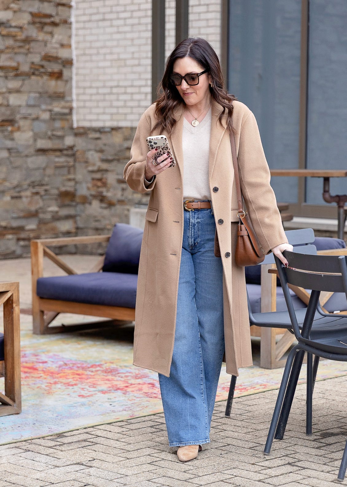 Longline Camel Coat with Wide-Leg Jeans Longline Camel Coat with Wide-Leg Jeans — Dinner Outfits