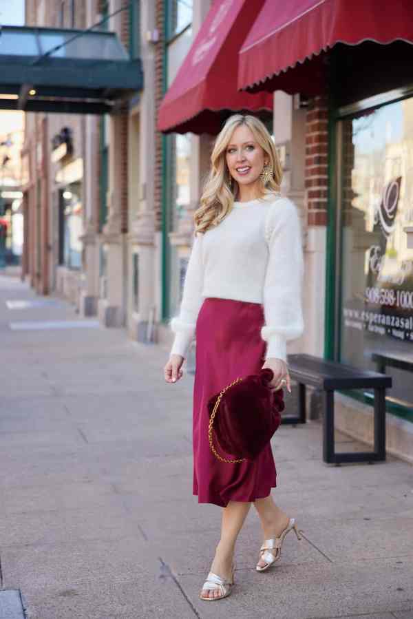 Balloon Sleeve Sweater with Satin Midi Skirt Balloon Sleeve Sweater with Satin Midi Skirt — Dinner Outfits