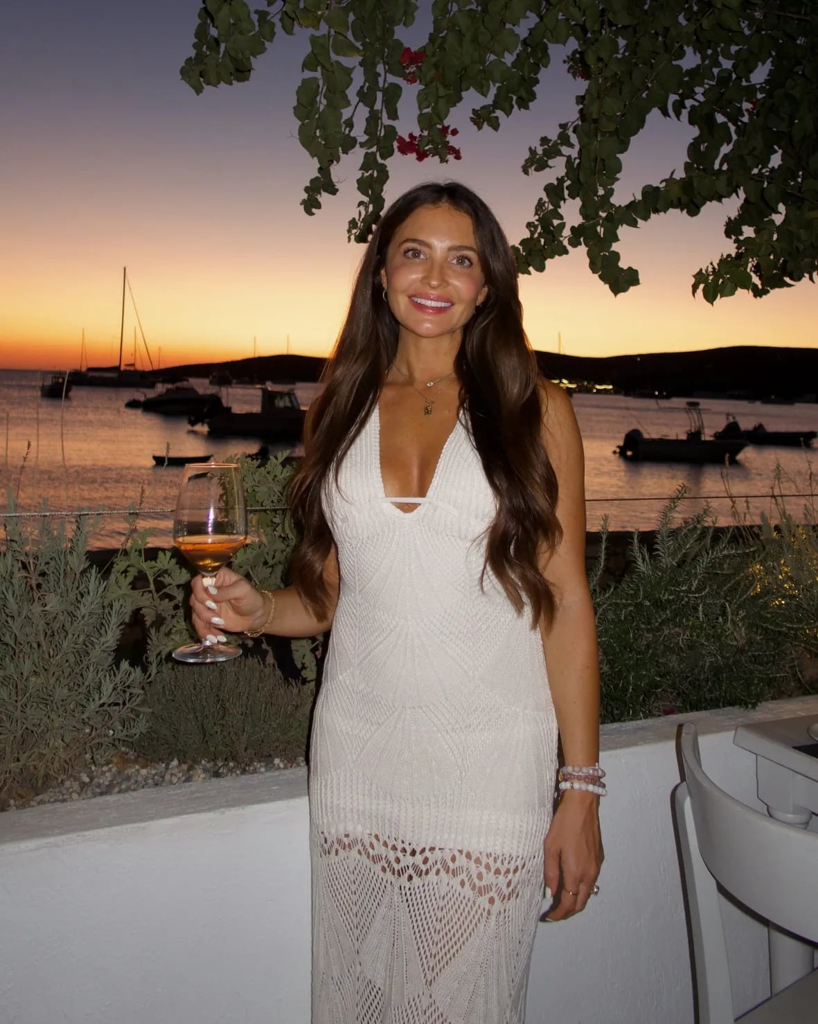 White Crocheted Knit Dress with Deep V-Neck White Crocheted Knit Dress with Deep V-Neck — Dinner Outfits