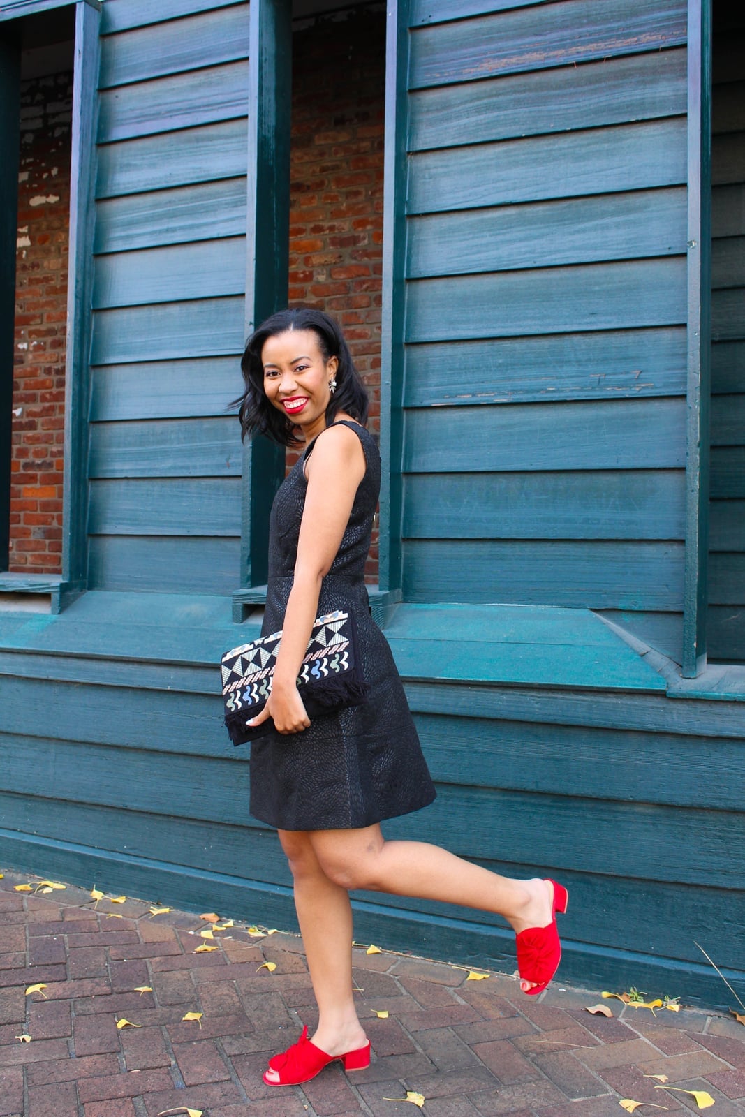 Black A-Line Dress With Red Block Heels — Dinner Outfits Black Women