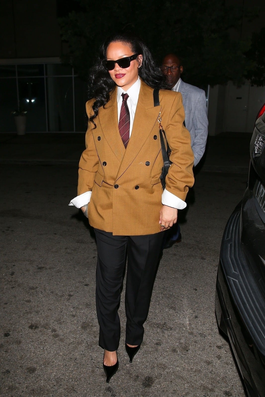 Camel Blazer With Black Tailored Trousers and Pointed Heels — Dinner Outfits Black Women