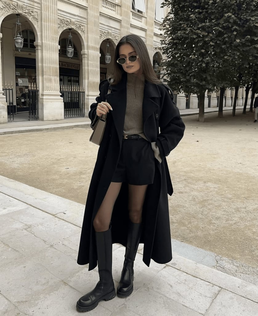 Long Black Trench Coat Over Knit and Shorts — Dinner Outfits Classy