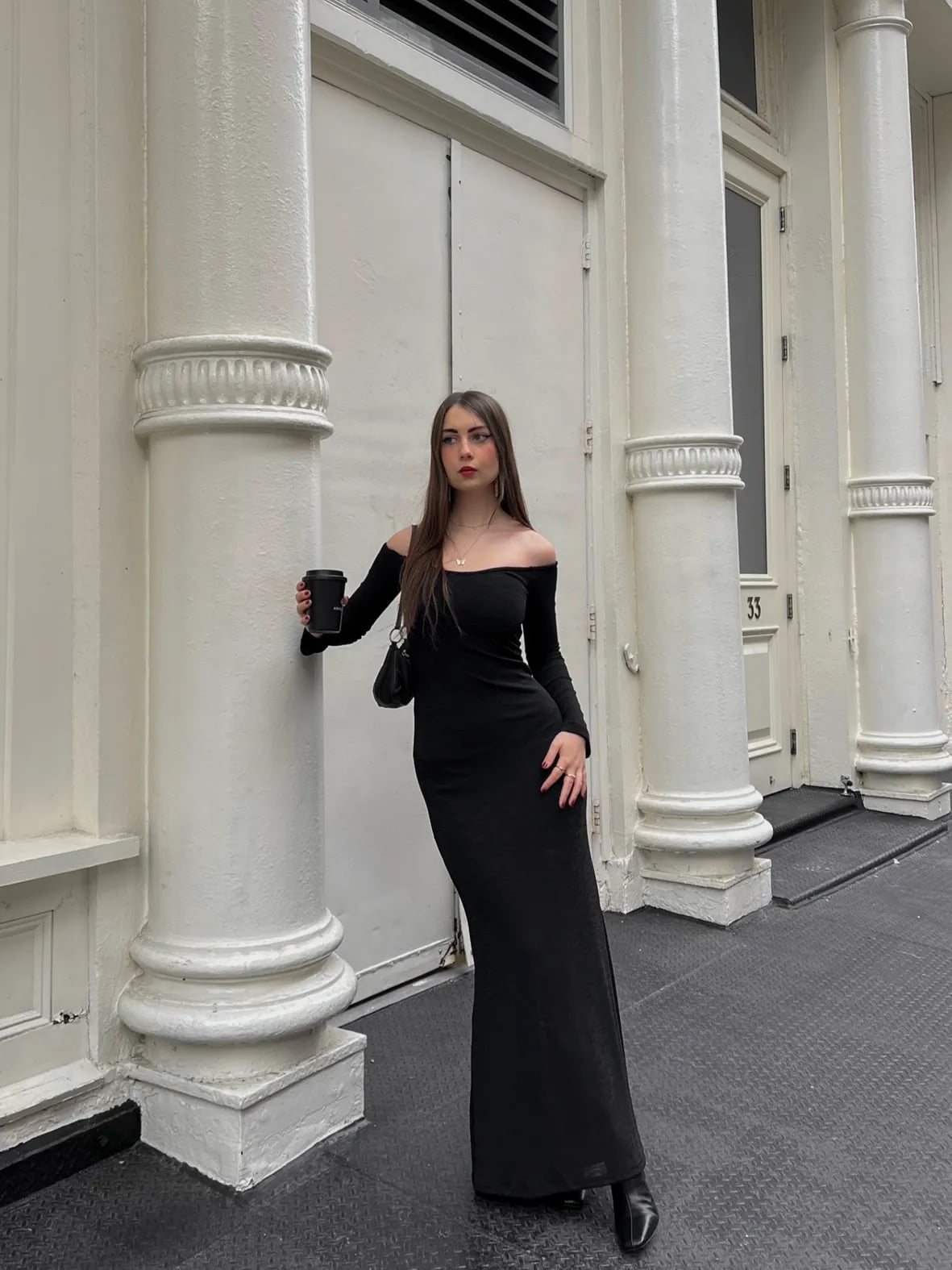 Off-the-shoulder Black Maxi Dress, Close-Up Take — Dinner Outfits Classy