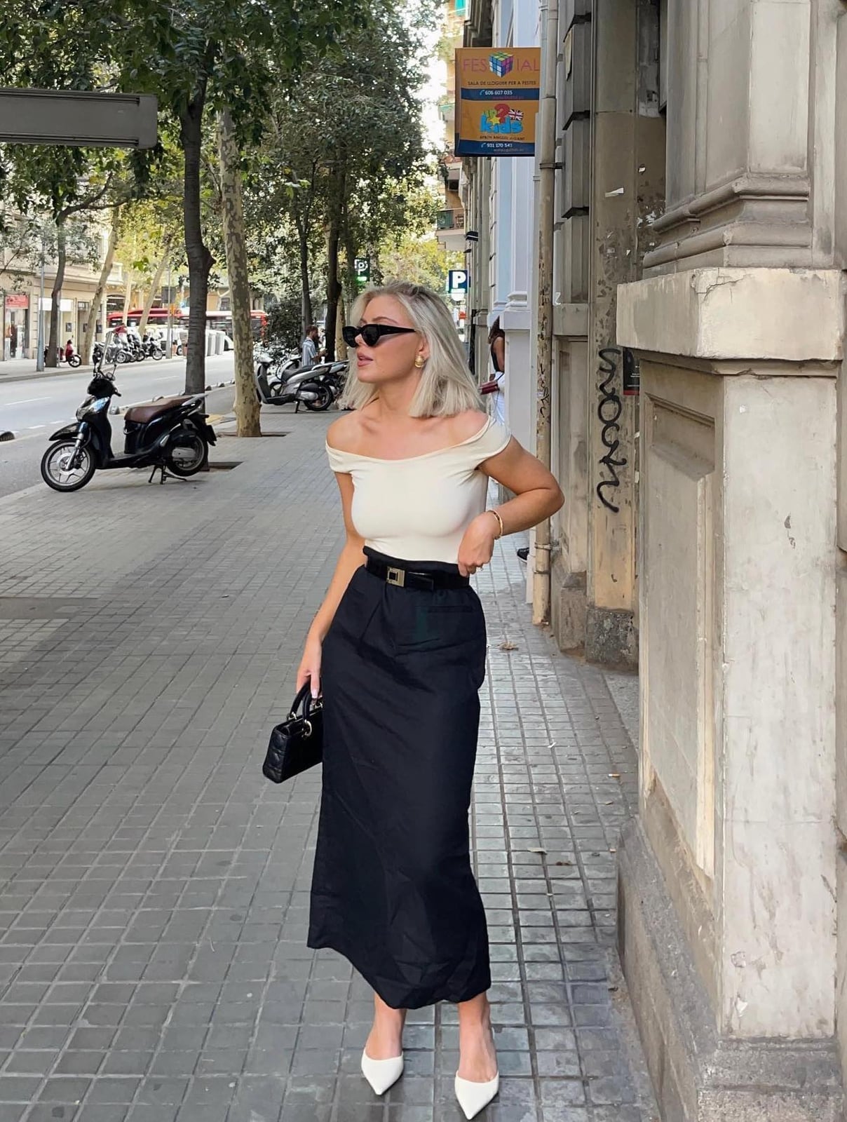 Cream Off-The-Shoulder Top with Black Maxi Skirt — Dinner Outfits Classy