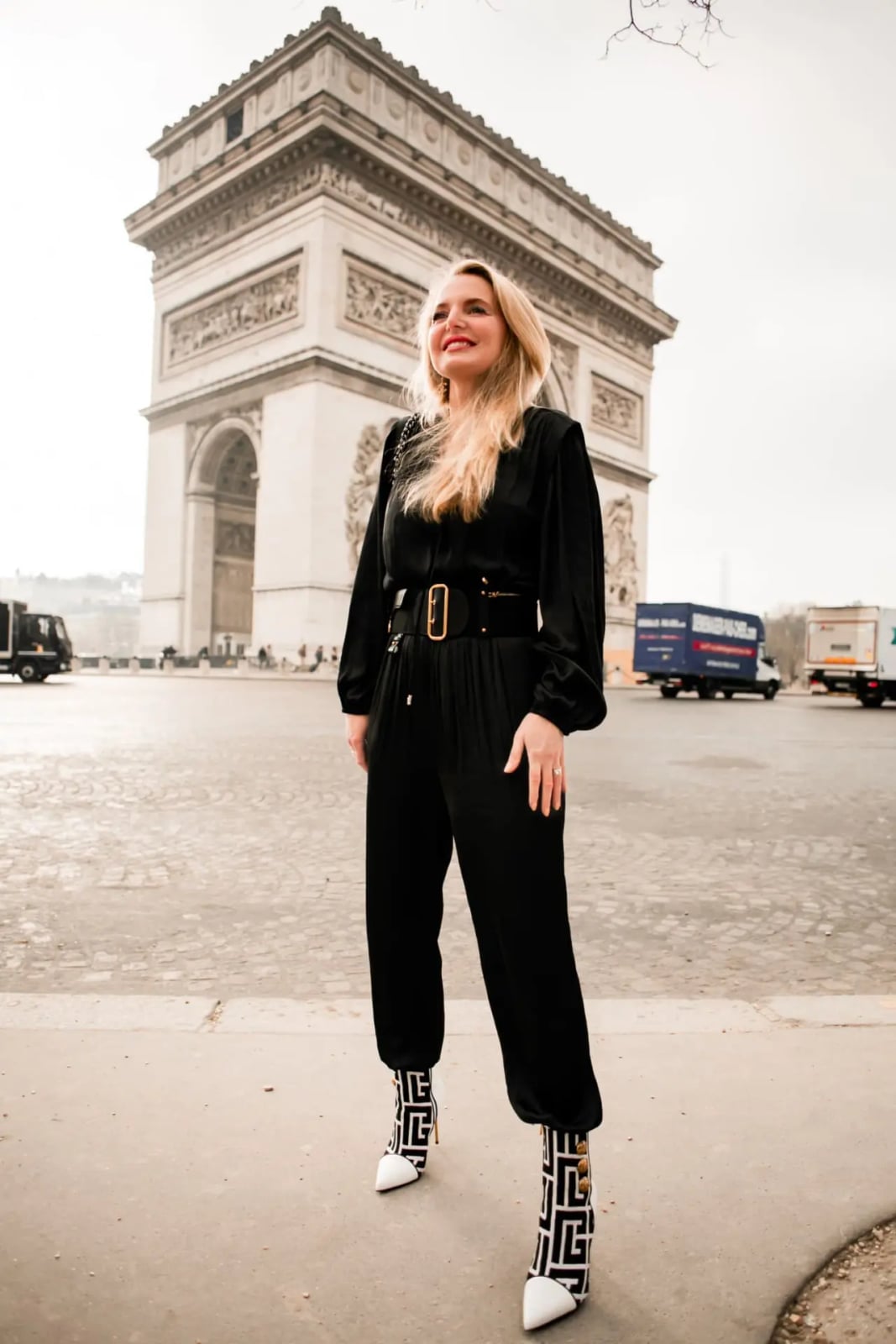 Black Velvet Jumpsuit with Geometric Print Boots — Dinner Outfits Classy