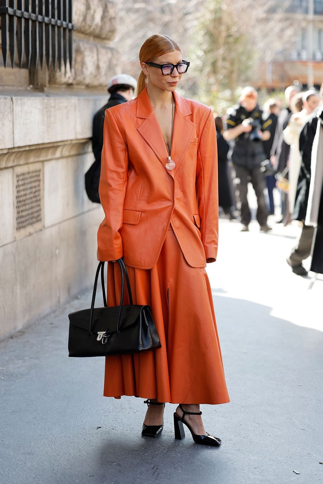 Vibrant Orange Oversized Blazer and Midi Skirt — Dinner Outfits Classy