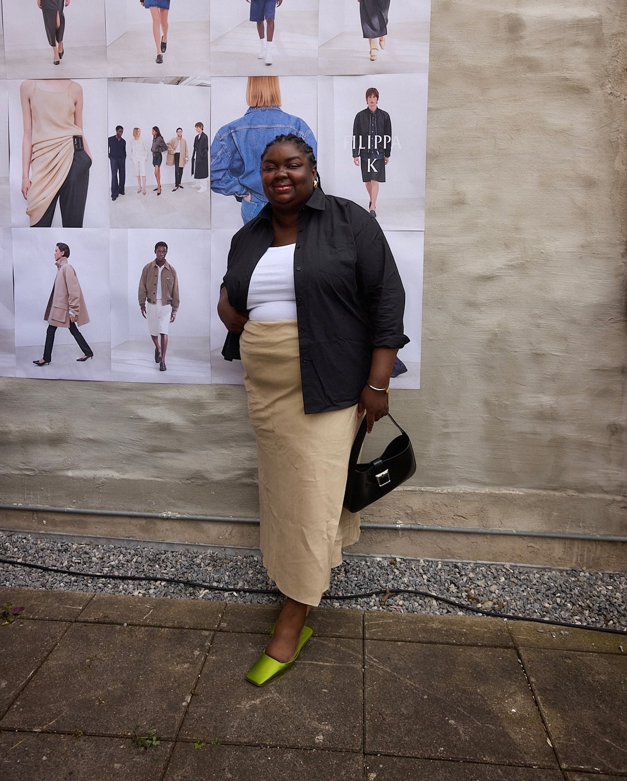 Beige Maxi Skirt with Oversized Black Shirt — Dinner Outfits Classy