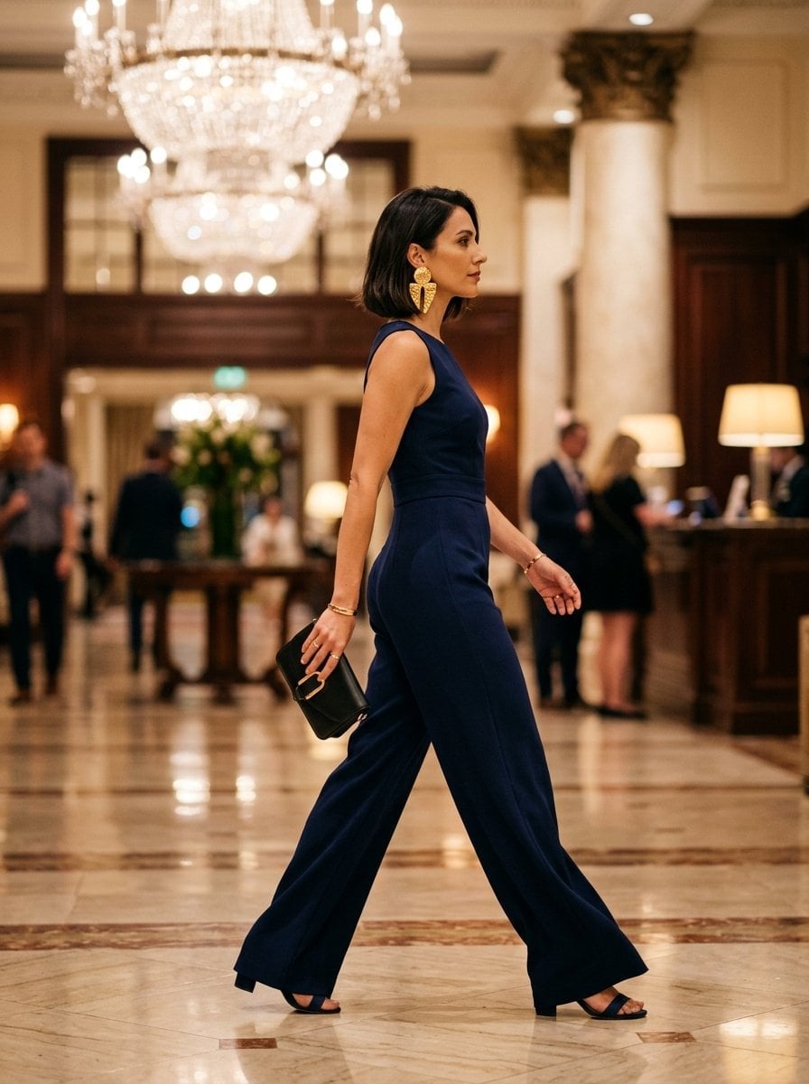 Navy Blue Wide-Leg Jumpsuit with Gold Accents — Dinner Outfits Classy