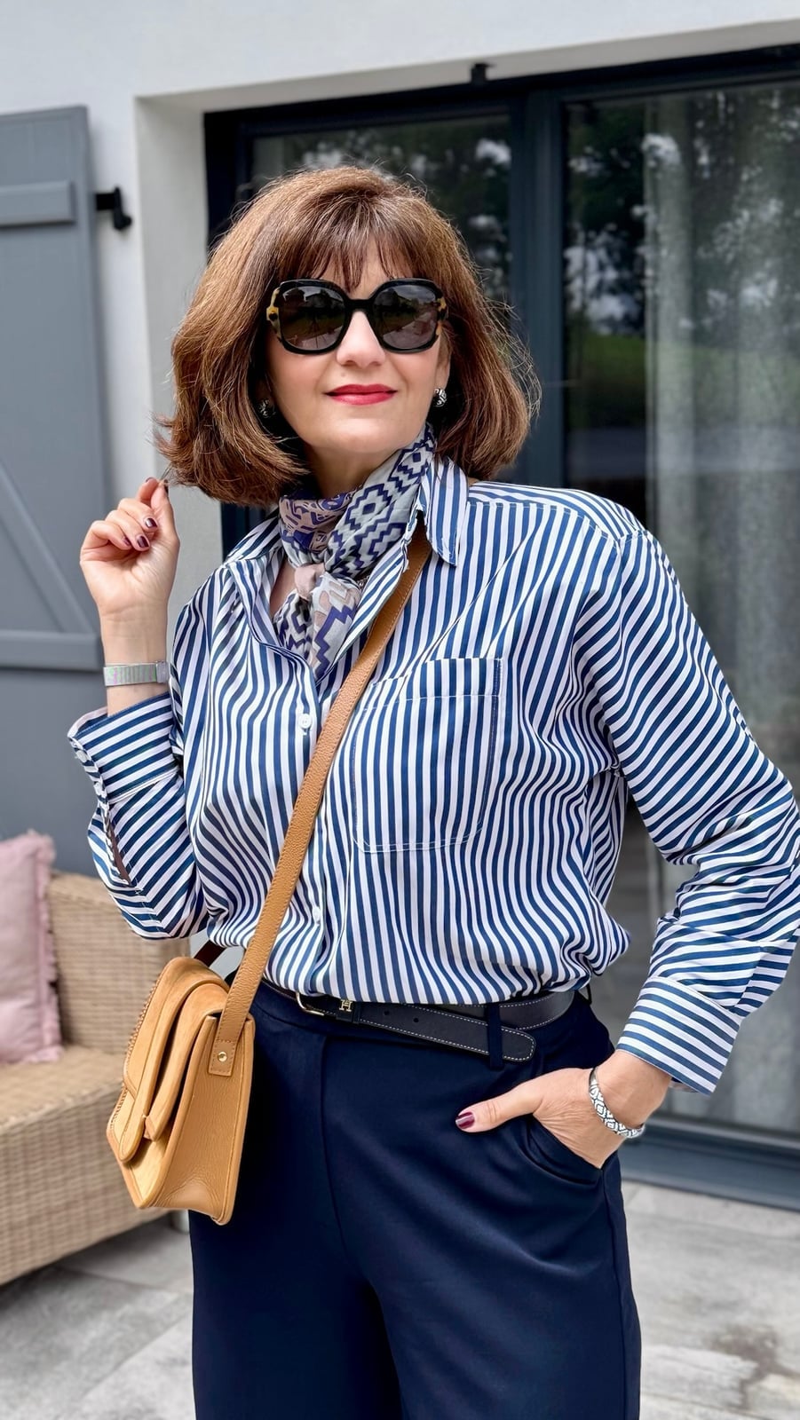 Striped Button-Down Shirt with Navy Trousers — Dinner Outfits Classy