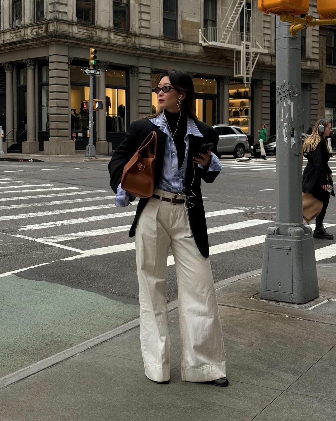Black Blazer with Striped Shirt and White Trousers — Dinner Outfits Classy