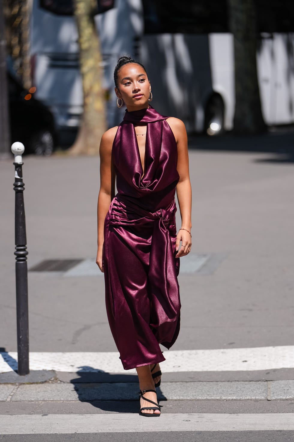Deep Purple Satin Halter Midi Dress — Dinner Outfits Classy