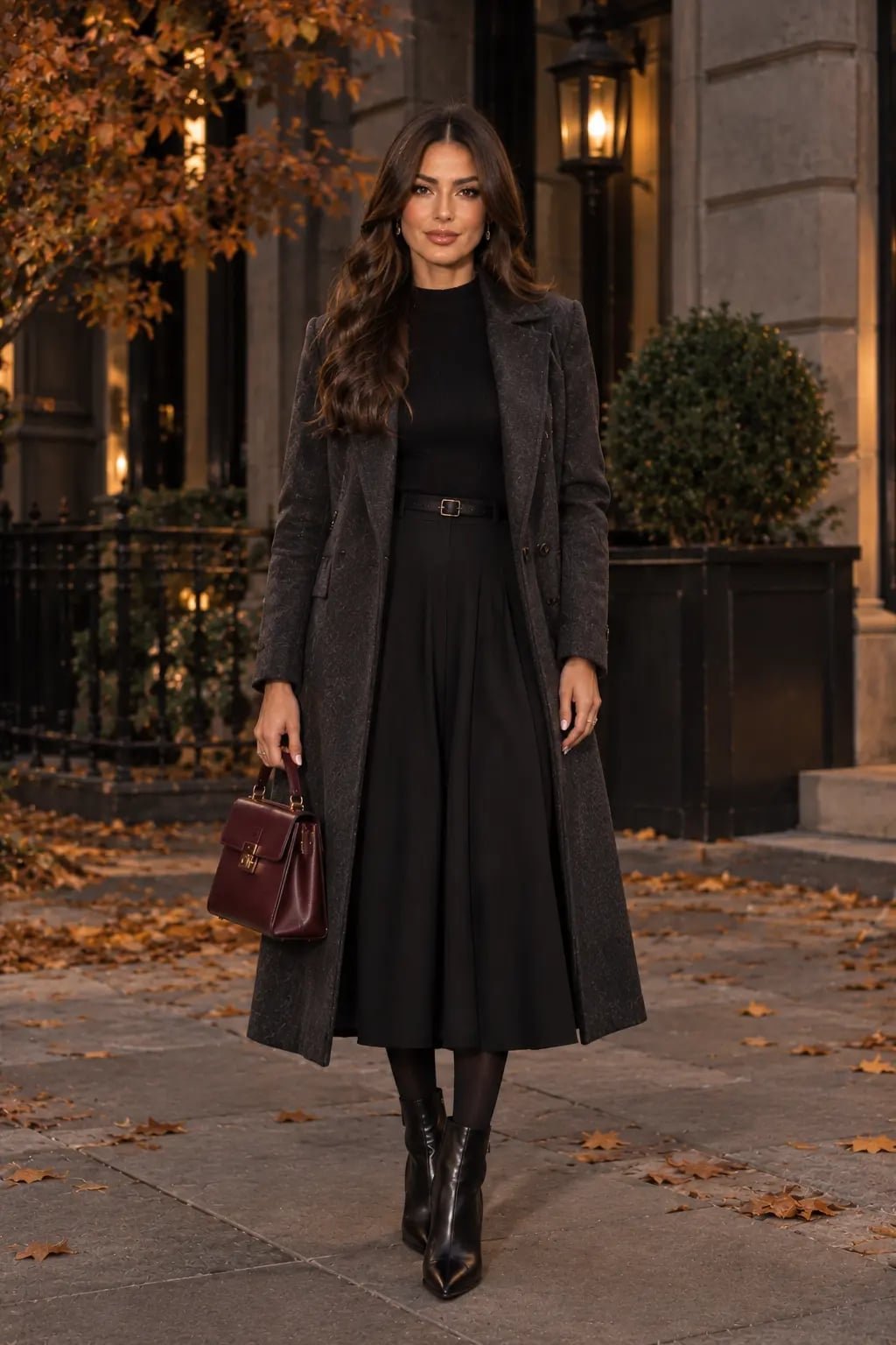 Charcoal Gray Coat Over Black Knit and Skirt — Dinner Outfits Classy