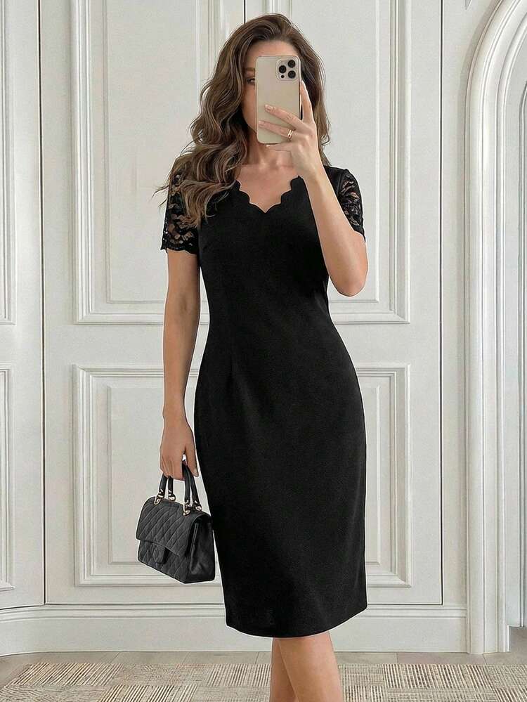Black Lace Sleeve Dress with White Heels — Dinner Outfits Classy