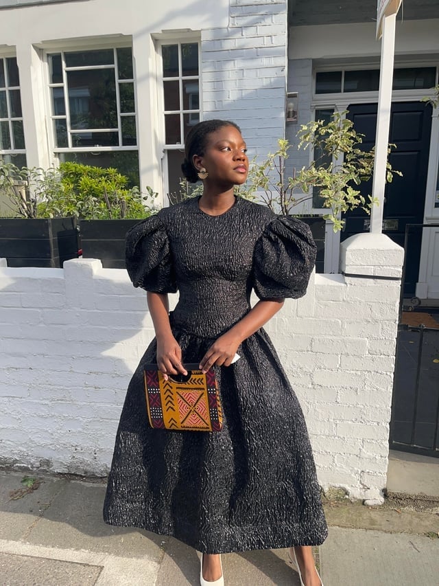Black Textured Dress with Dramatic Puff Sleeves — Dinner Outfits Classy