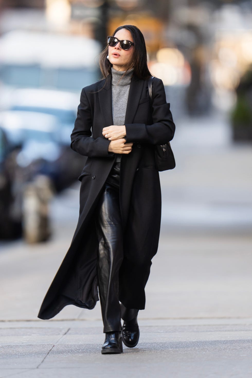 Long Black Wool Coat Over Gray Turtleneck and Leather Pants — Dinner Outfits Classy