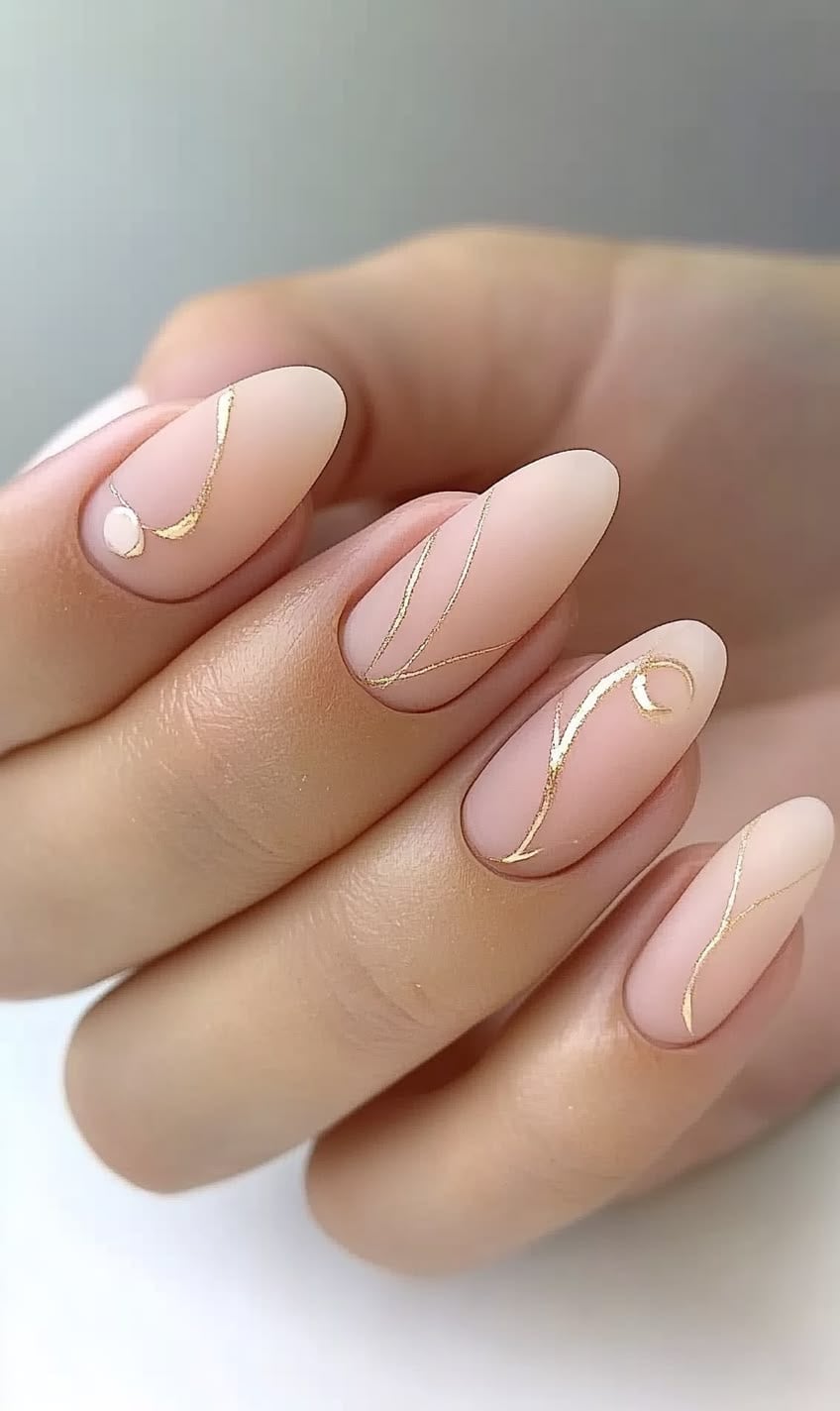Short Almond Matte Nude With Gold Foil Lines Short Almond Matte Nude With Gold Foil Lines — Dip Powder Nails