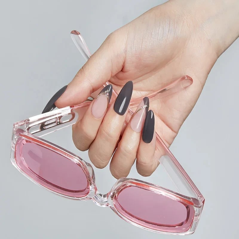 Long Almond Geometric French Tips With Rhinestones Long Almond Geometric French Tips With Rhinestones — Dip Powder Nails