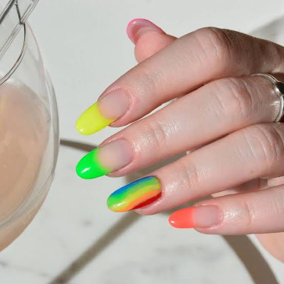 Medium Almond Neon Rainbow Gradient Tips Medium Almond Neon Rainbow Gradient Tips — Dip Powder Nails