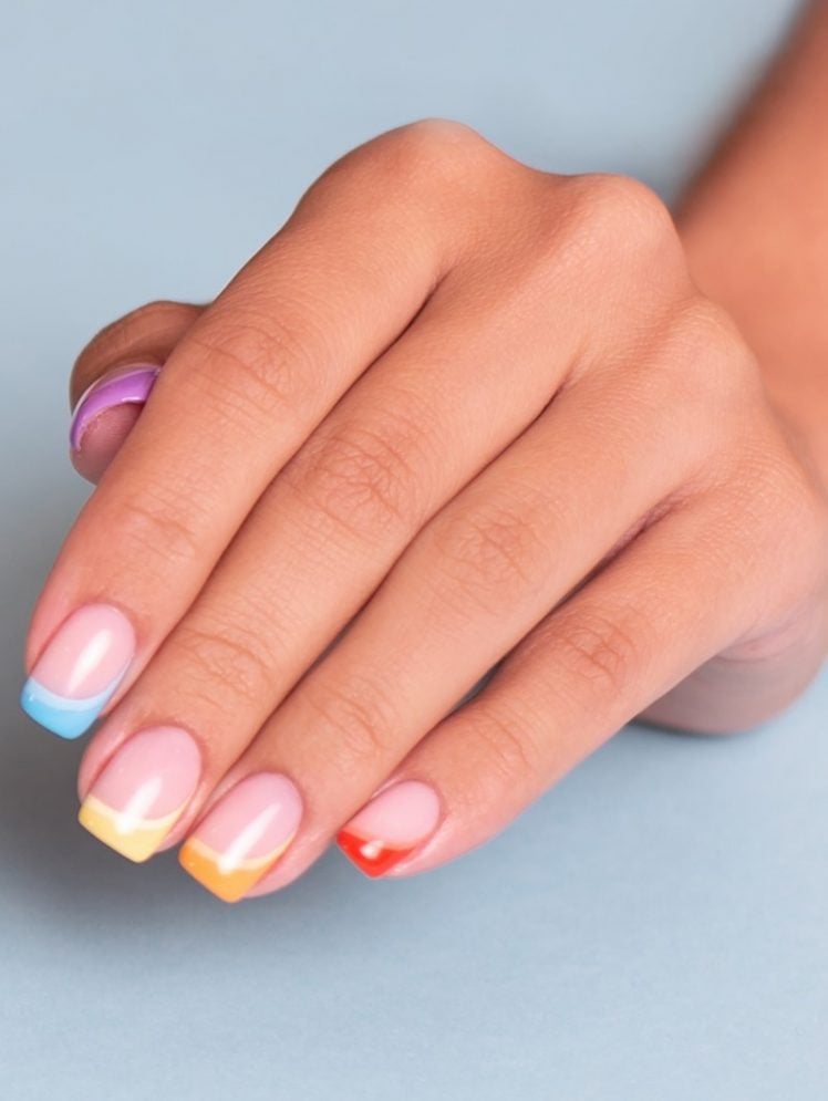 Short Square Nude Base With Pastel French Tips Short Square Nude Base With Pastel French Tips — Dip Powder Nails