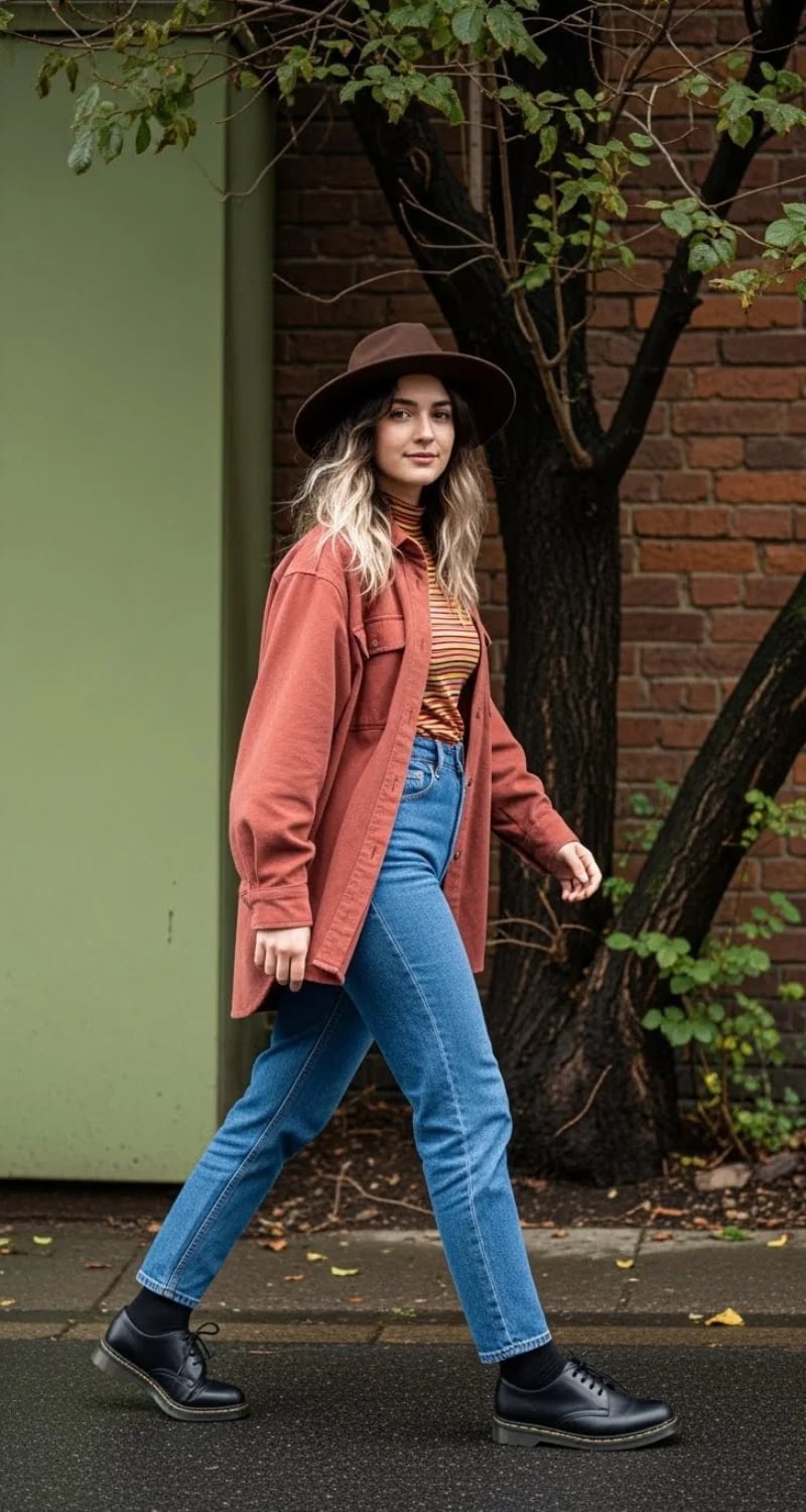 Rust Oversized Shirt with Striped Turtleneck — Doc Martens Outfits