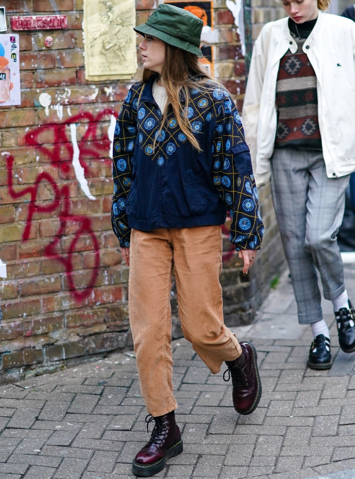 Corduroy Pants and Patterned Jacket Retro Vibe With Green Bucket Hat — Doc Martens Outfits