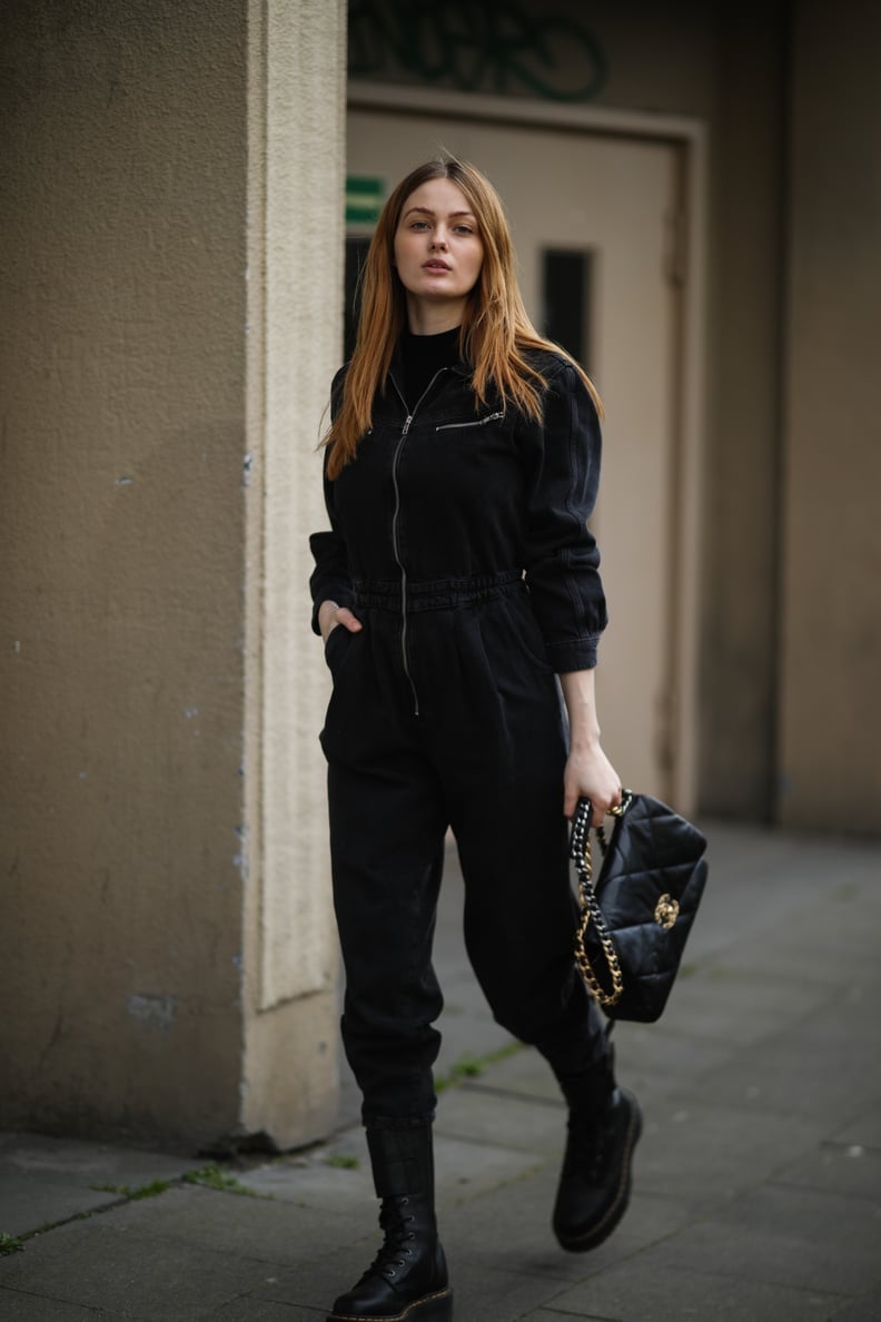 Jumpsuit and Oversized Blazer for Events With Black Platform Boots — Doc Martens Outfits