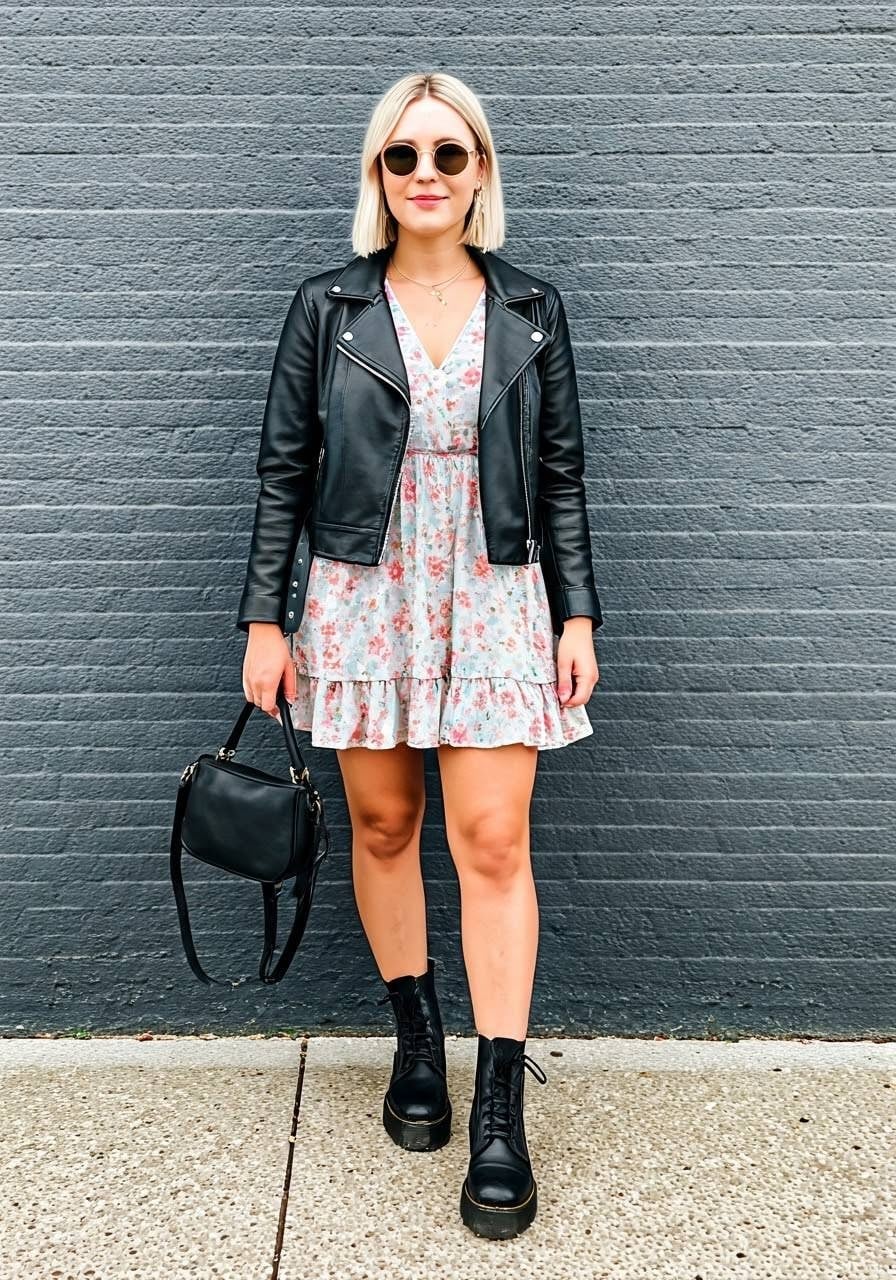 Biker Jacket and Floral Dress Casual Daytime, Close-Up Take — Doc Martens Outfits