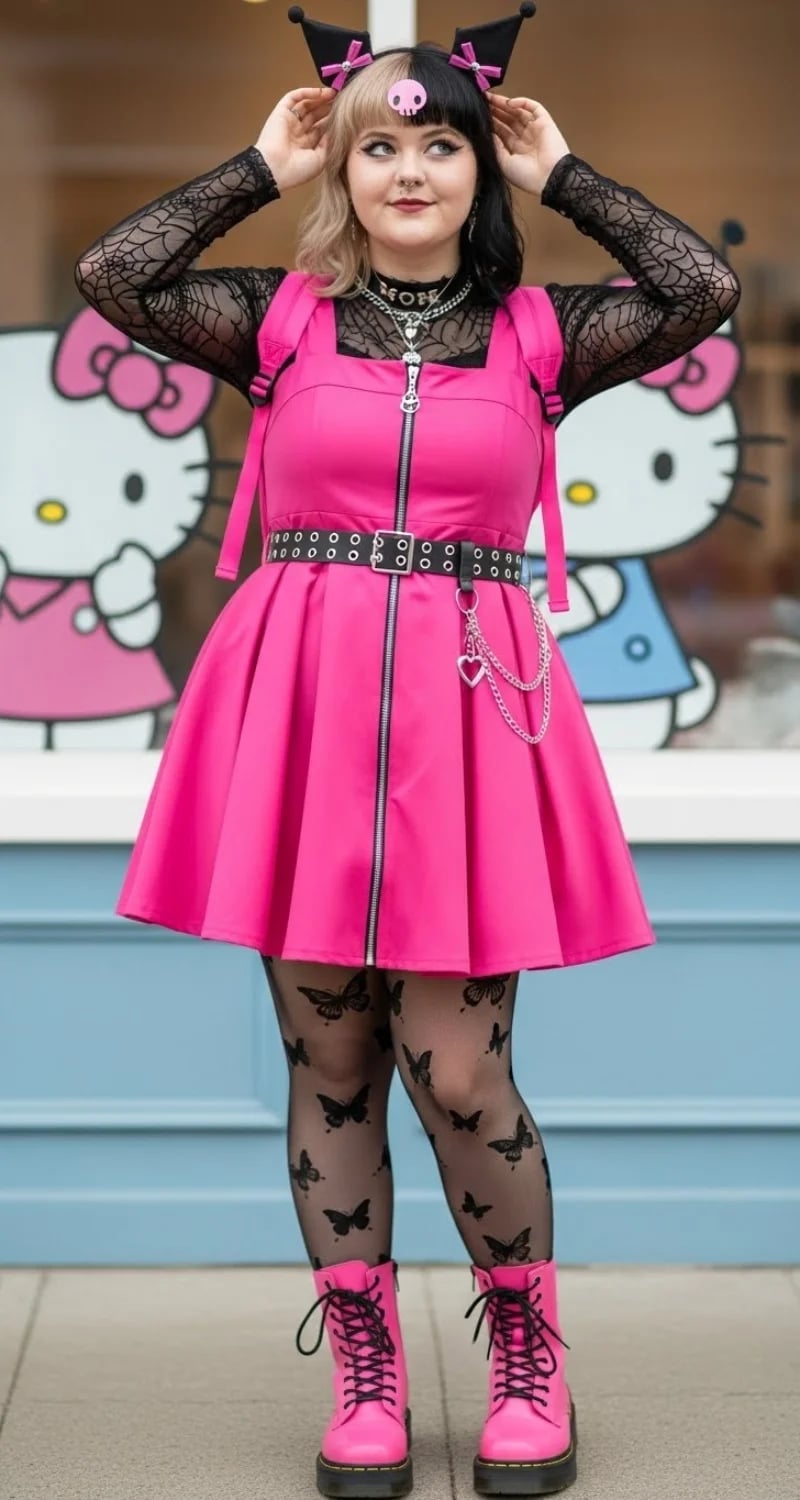 Hot Pink Pinafore Dress and Mesh Top — Doc Martens Outfits