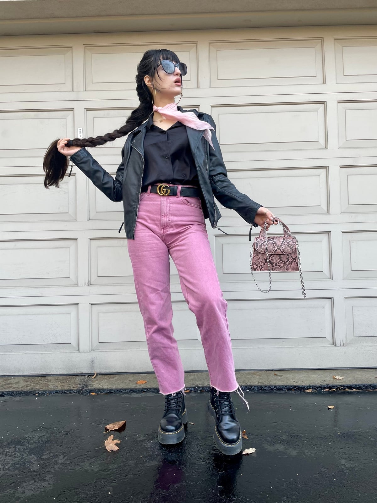 Pink Jeans and Leather Jacket Casual — Doc Martens Outfits