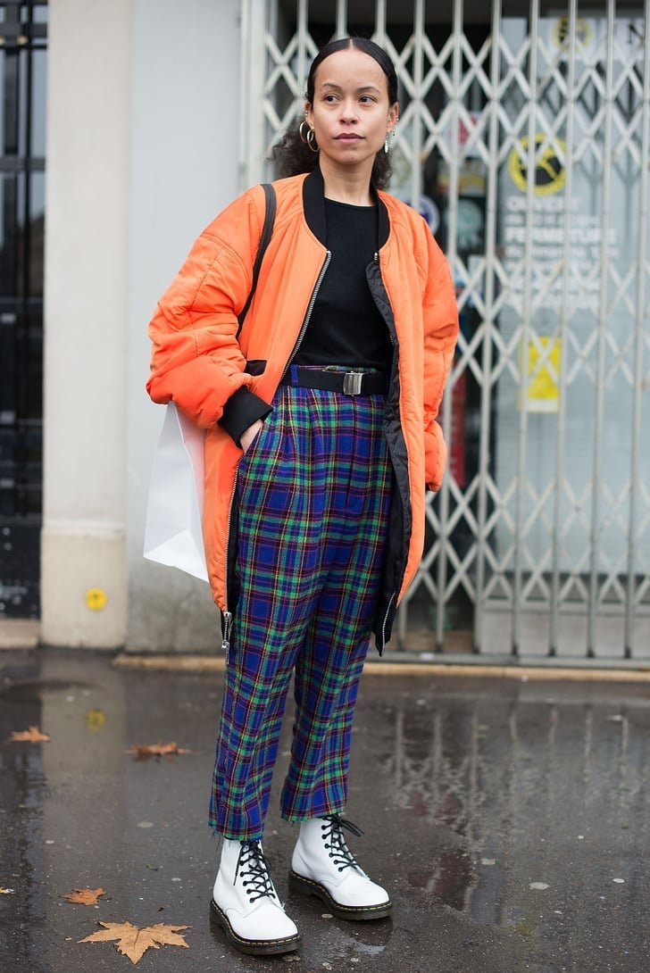 Plaid Trousers and Orange Bomber Jacket — Doc Martens Outfits