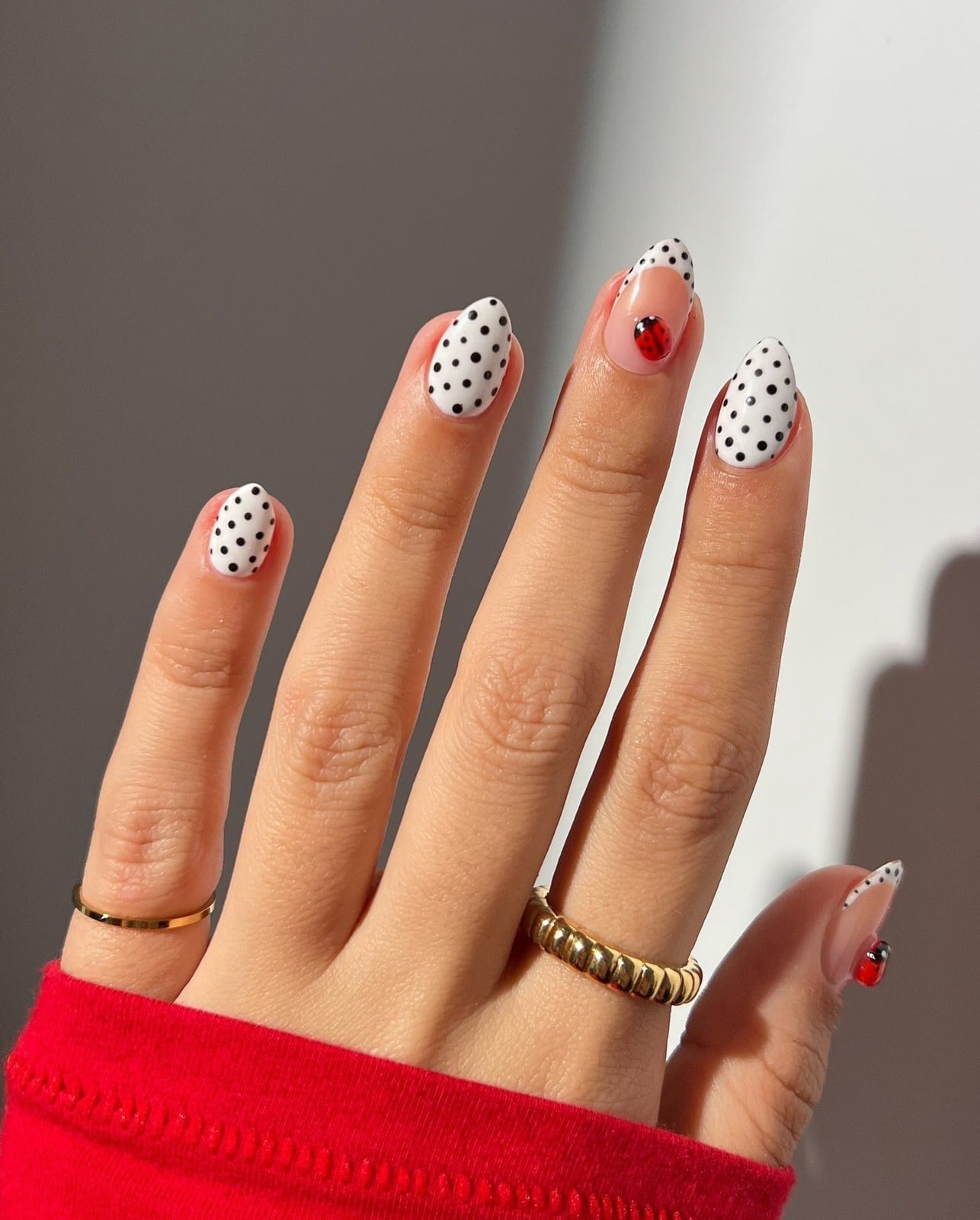 Medium Almond Ladybug and Black Dot Nails — Dots Nail Designs